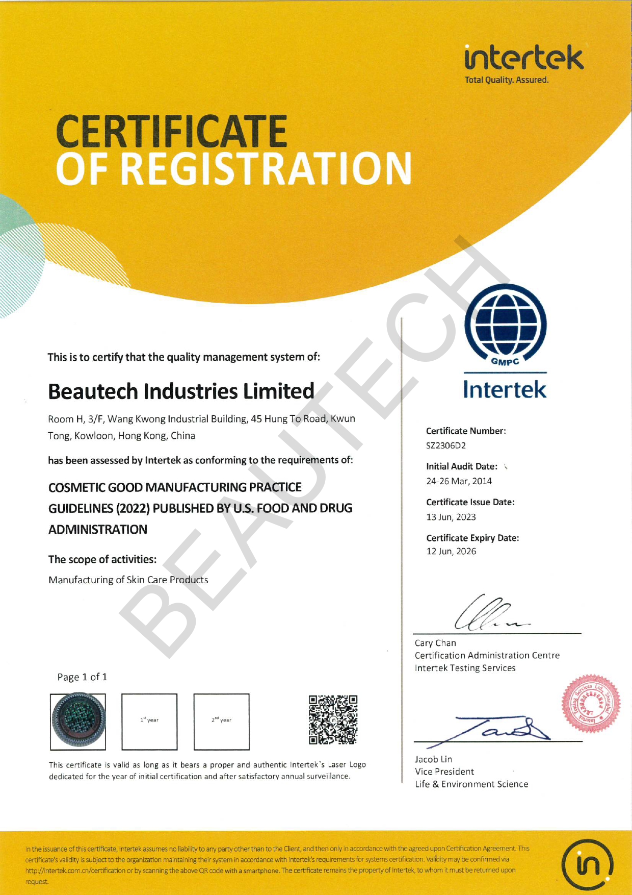 Archived Beautech GMP certificate, SZ2306D2, expired 12 June 2026