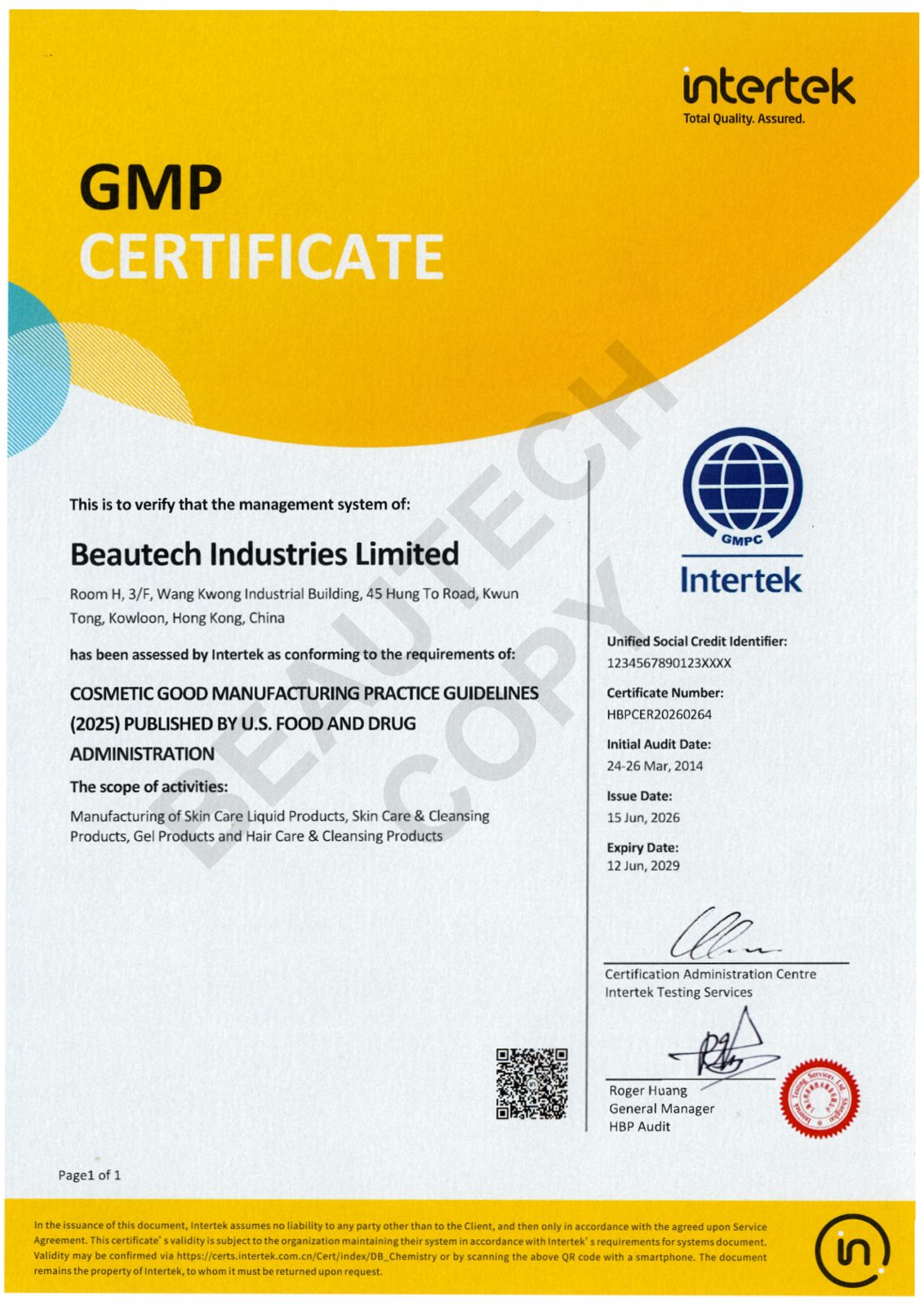 Beautech GMP certificate HBPCER20260264 issued by Intertek, valid 15 June 2026 to 12 June 2029