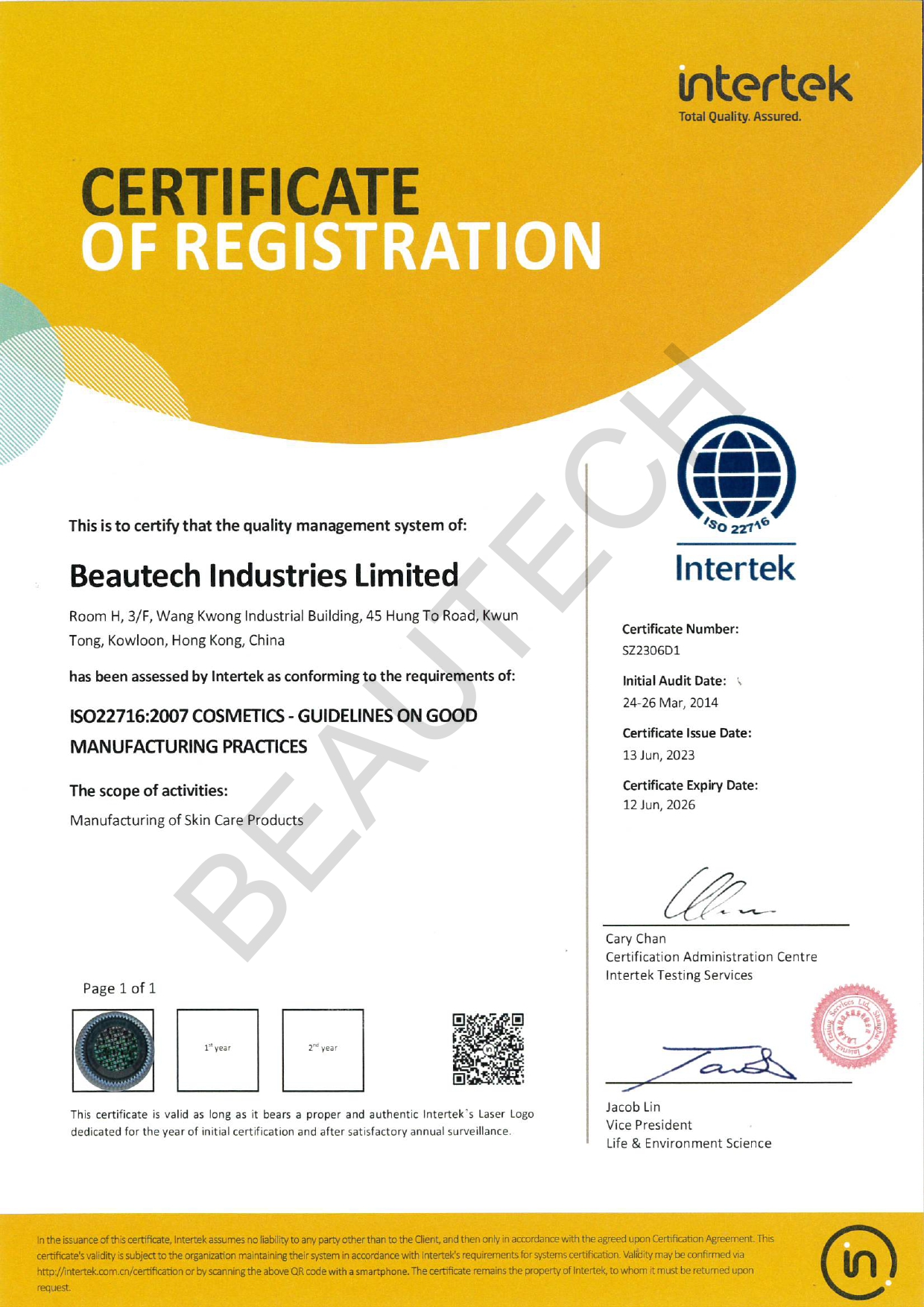 Archived Beautech ISO 22716 certificate, SZ2306D1, expired 12 June 2026
